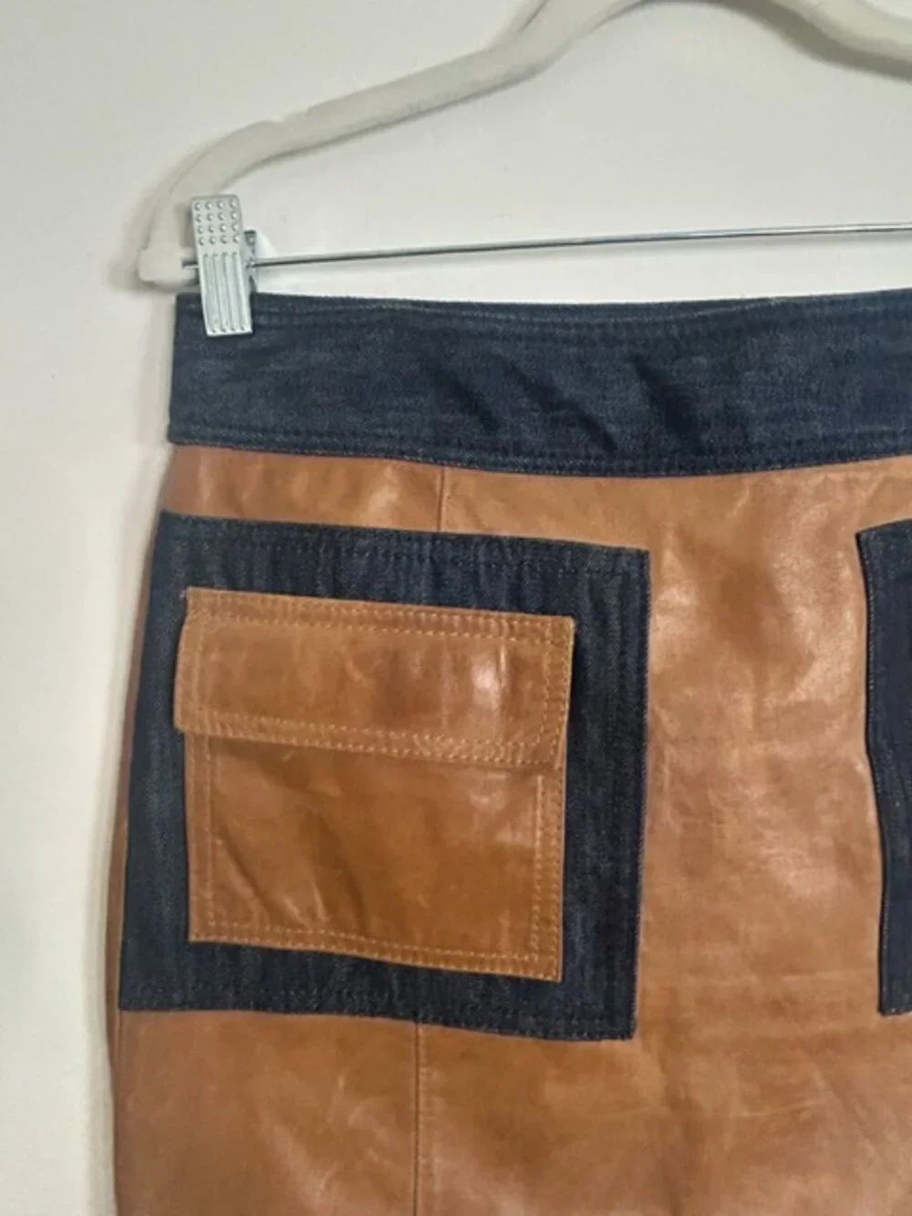 Michael Kors Genuine Leather and Denim Lined Pocket Side Zip Cargo Mini Skirt